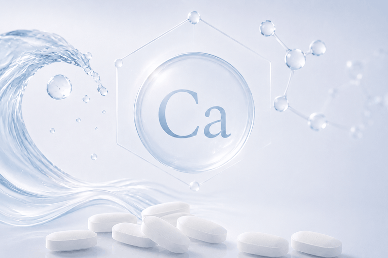bstract calcium glycerophosphate concept with a Ca symbol, water-inspired molecular elements, and white oblong tablets.