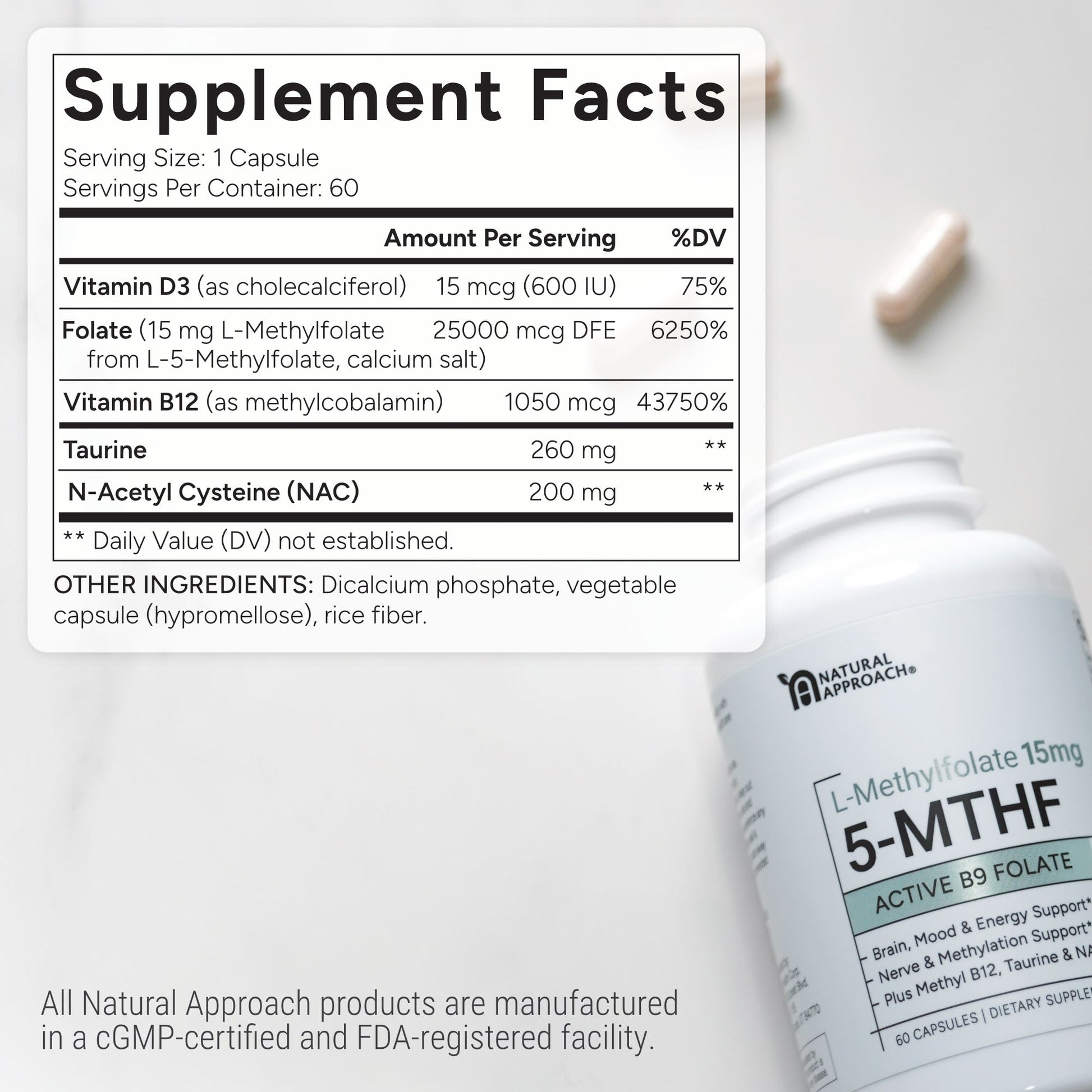 L - Methylfolate (15mg) Plus Methyl B12, D3, Taurine & NAC - Natural Approach