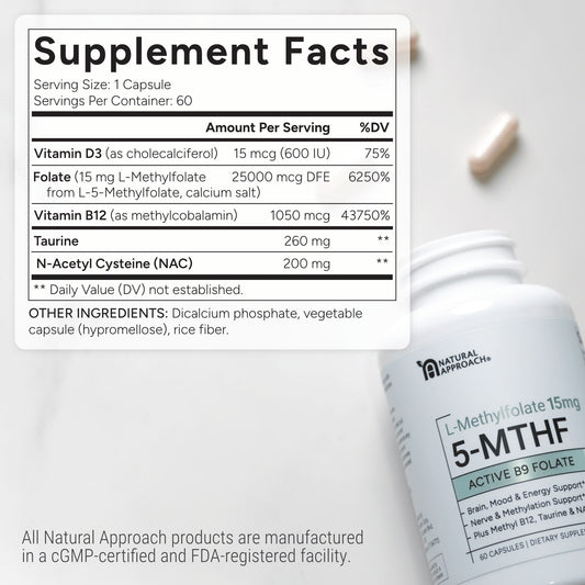 L - Methylfolate (15mg) Plus Methyl B12, D3, Taurine & NAC - Natural Approach