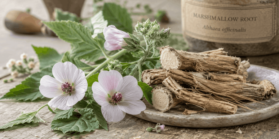Marshmallow root and flowers used as a soothing botanical ingredient.