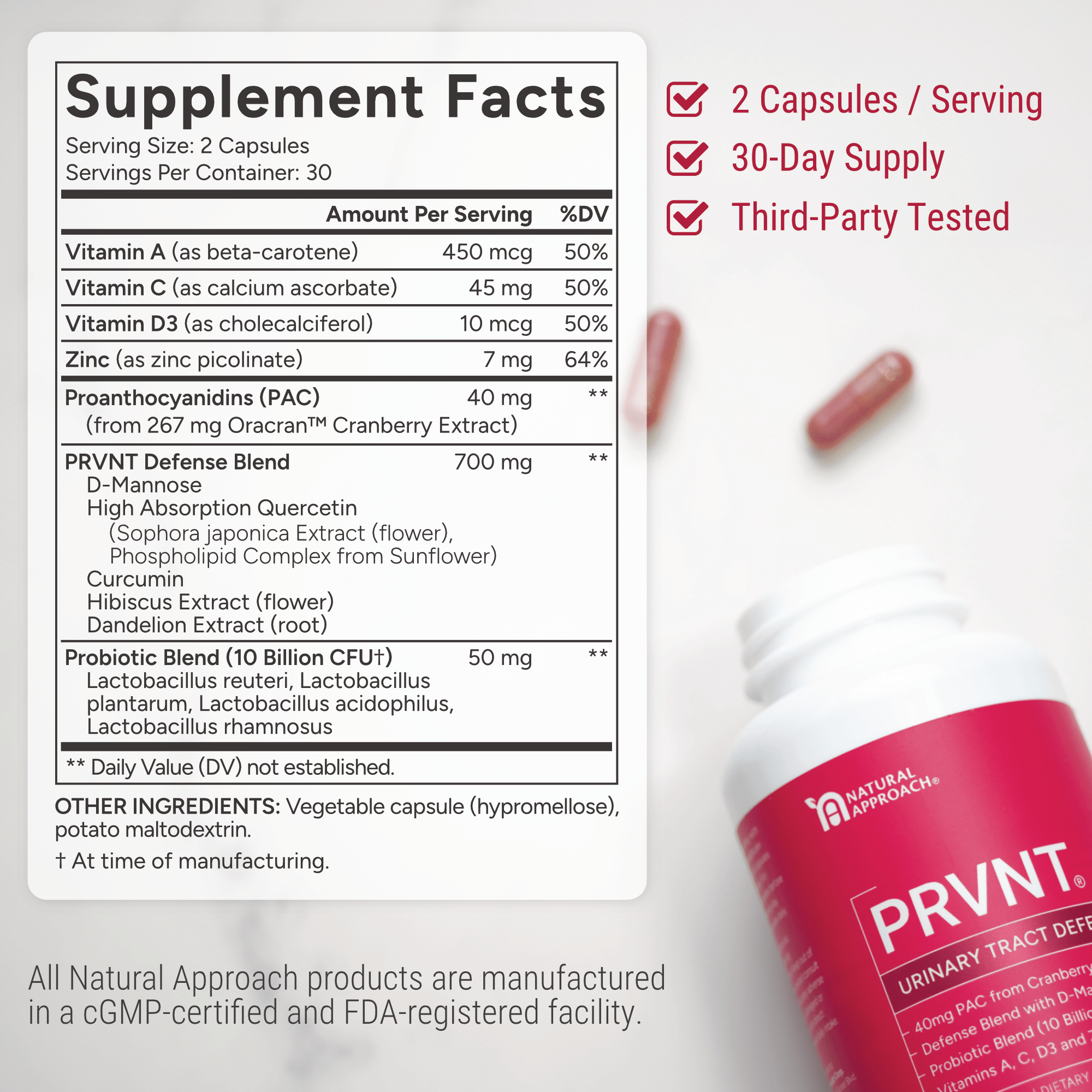 PRVNT® | Urinary Tract Defense with Cranberry PACs, D - Mannose, and Probiotics - Natural Approach