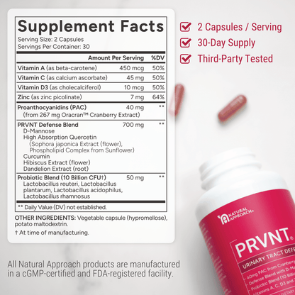 PRVNT® | Urinary Tract Defense with Cranberry PACs, D - Mannose, and Probiotics - Natural Approach