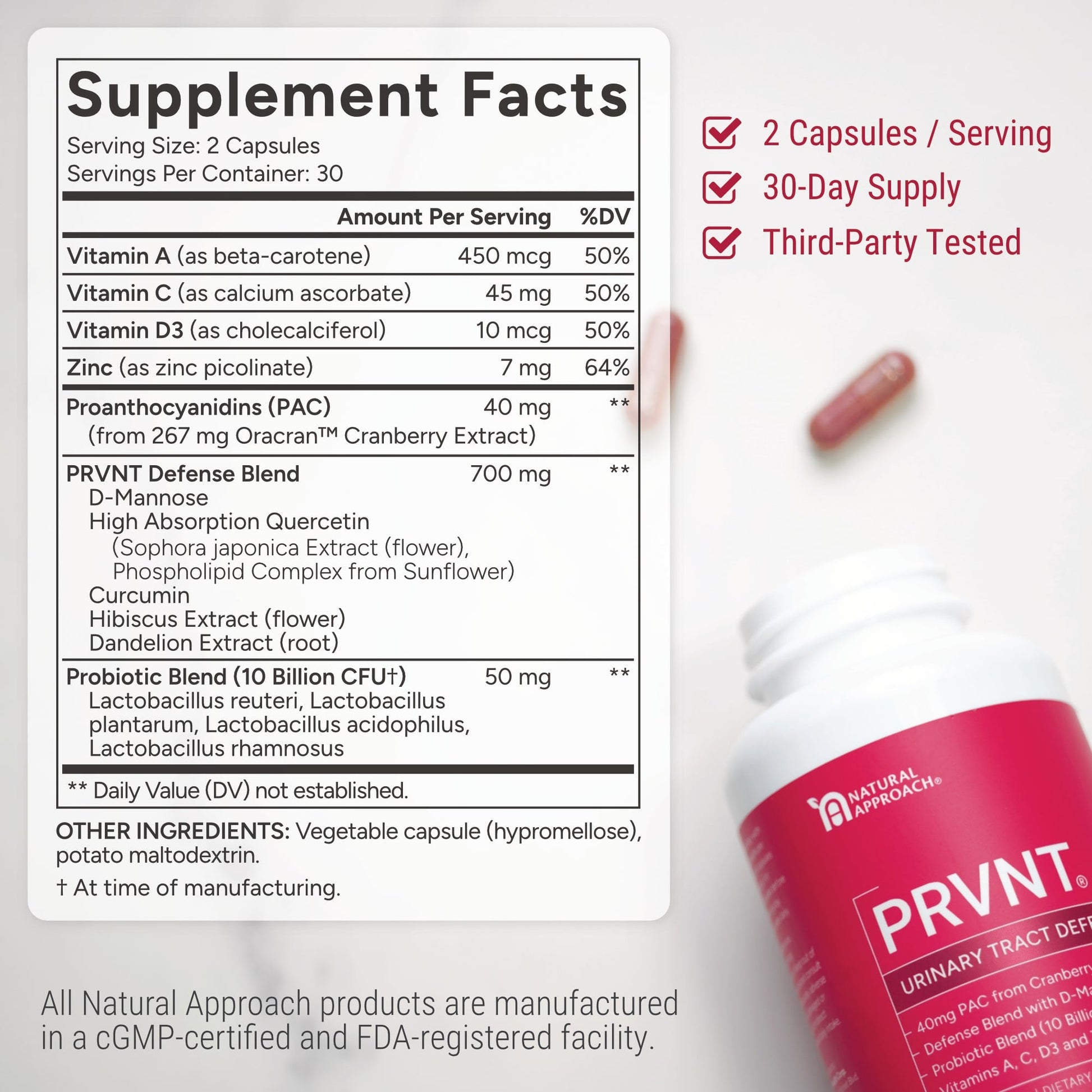 PRVNT® | Urinary Tract Defense with Cranberry PACs, D - Mannose, and Probiotics - Natural Approach