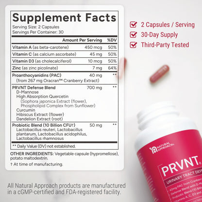 PRVNT® | Urinary Tract Defense with Cranberry PACs, D - Mannose, and Probiotics - Natural Approach