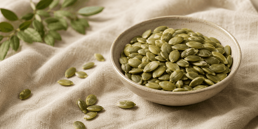 Pumpkin seeds representing pumpkin seed extract for urinary frequency support.